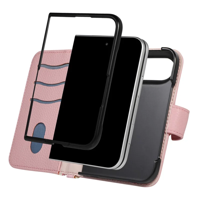 For iPhone Duo Wallet Case Triangular Splicing Zipper Leather Phone Cover with Wrist Strap - Pink