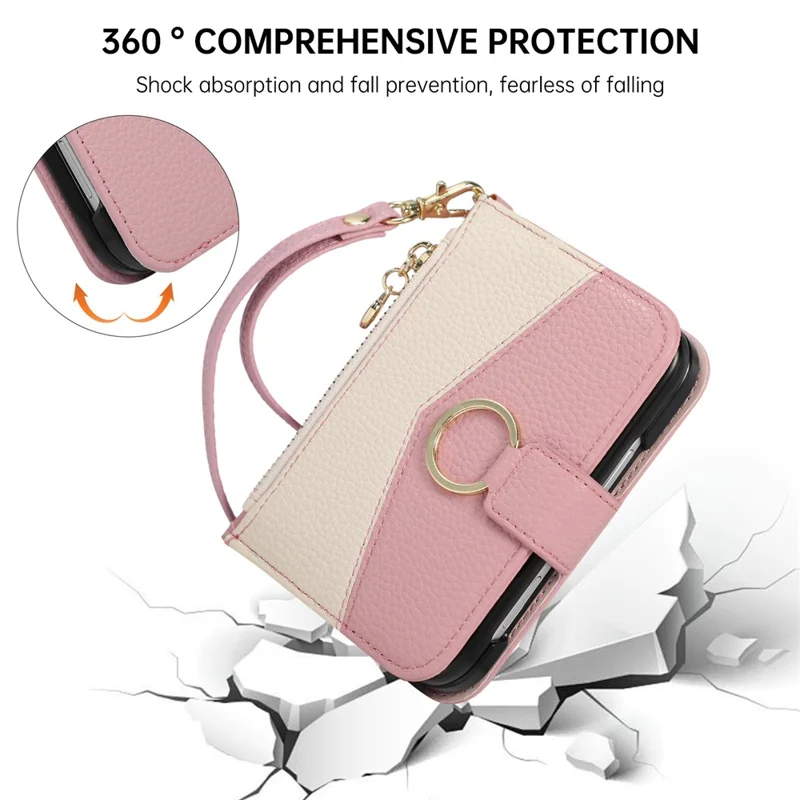 For iPhone Duo Wallet Case Triangular Splicing Zipper Leather Phone Cover with Wrist Strap - Pink