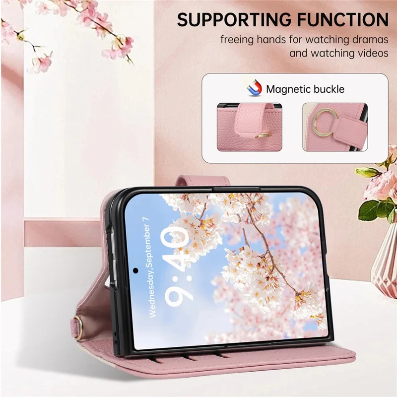 For iPhone Duo Wallet Case Triangular Splicing Zipper Leather Phone Cover with Wrist Strap - Pink