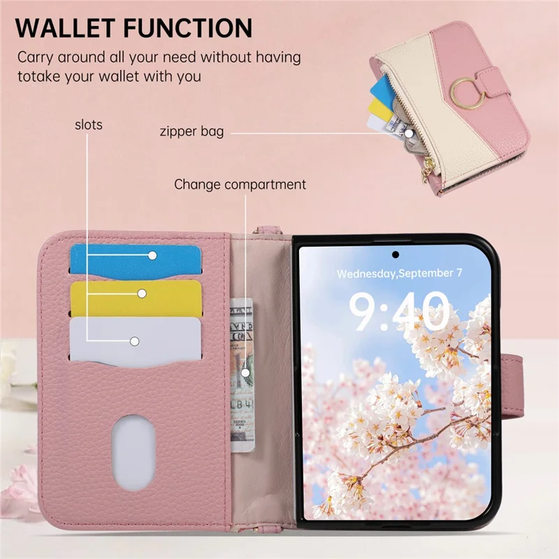 For iPhone Duo Wallet Case Triangular Splicing Zipper Leather Phone Cover with Wrist Strap - Pink