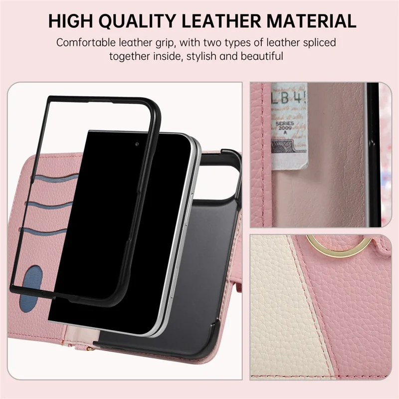 For iPhone Duo Wallet Case Triangular Splicing Zipper Leather Phone Cover with Wrist Strap - Pink