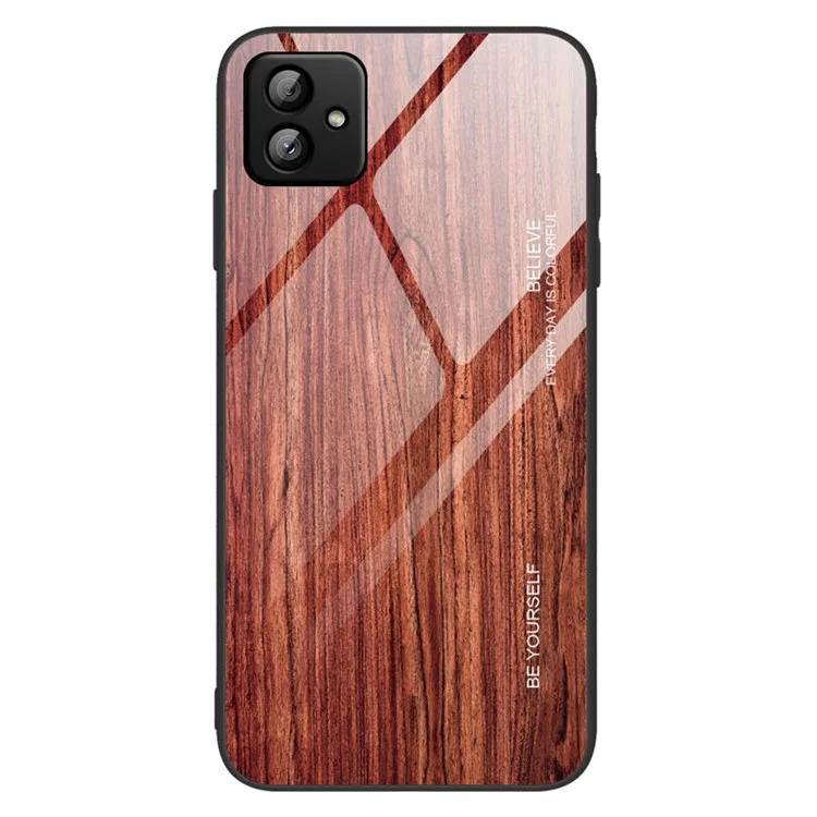 For Samsung Galaxy A04 4G (164.4 x 76.3 x 9.1 mm) Wooden Pattern Back Protector Tempered Glass Shell Phone Case TPU Frame Protective Cover - Wine Red