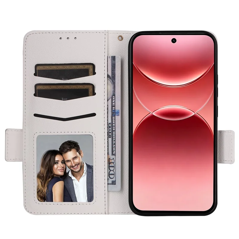 Für Oppo A7 Pro 5G Hülle Litschi-Textur Brieftasche Ledertelefonhülle mit Handschlaufe - Weiß