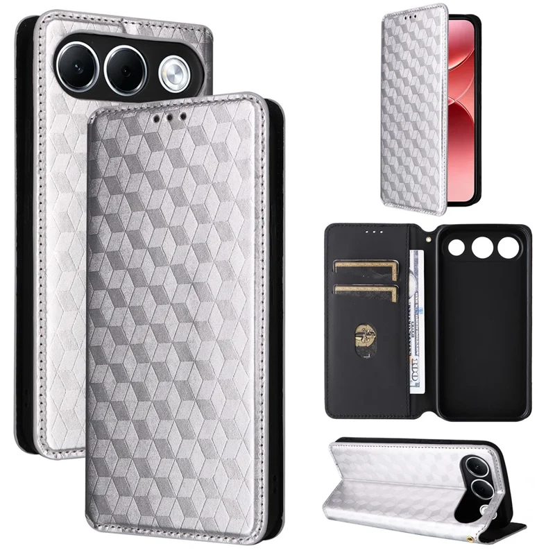 For Oppo A7 Pro 5G Case Wallet Rhombus Imprinted PU Leather Phone Cover - Silver