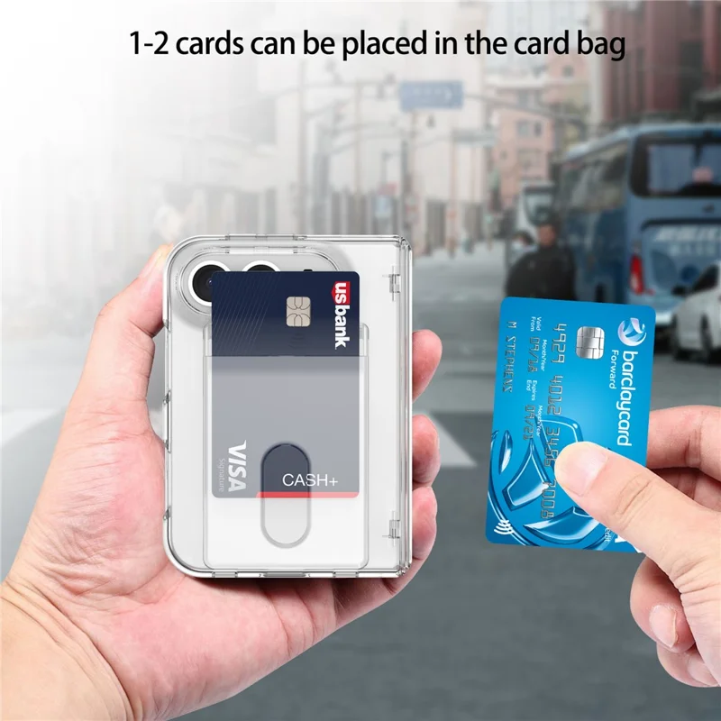 For iPhone Duo Phone Case Card Holder Hinge Protection TPU + PC Cover with Tempered Glass Screen Protector - Transparent