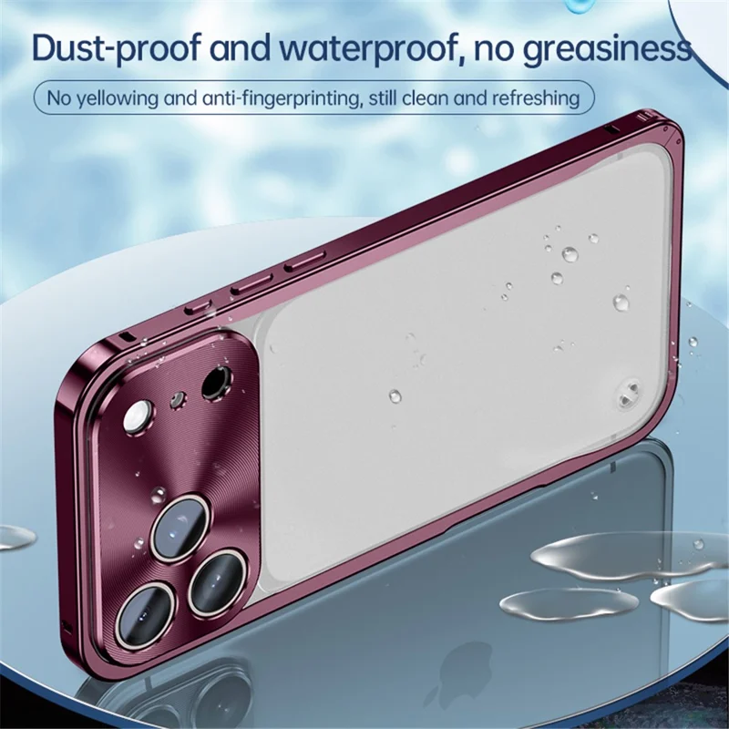 For iPhone 18 Pro Metal Clear Case Safety Lock Matte Anti-Fingerprint Back Cover - Cherry Red