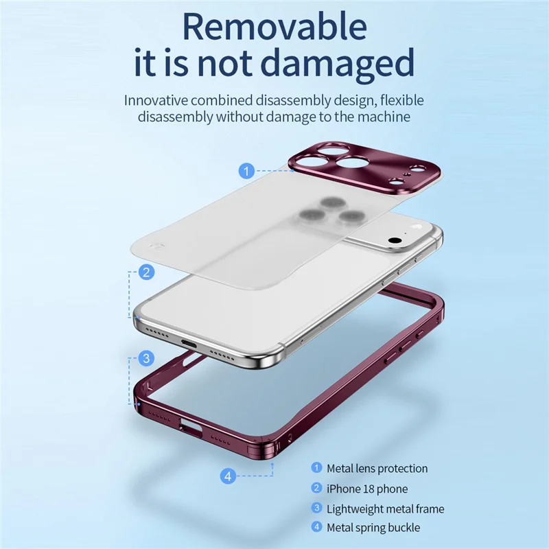 For iPhone 18 Pro Metal Clear Case Safety Lock Matte Anti-Fingerprint Back Cover - Cherry Red