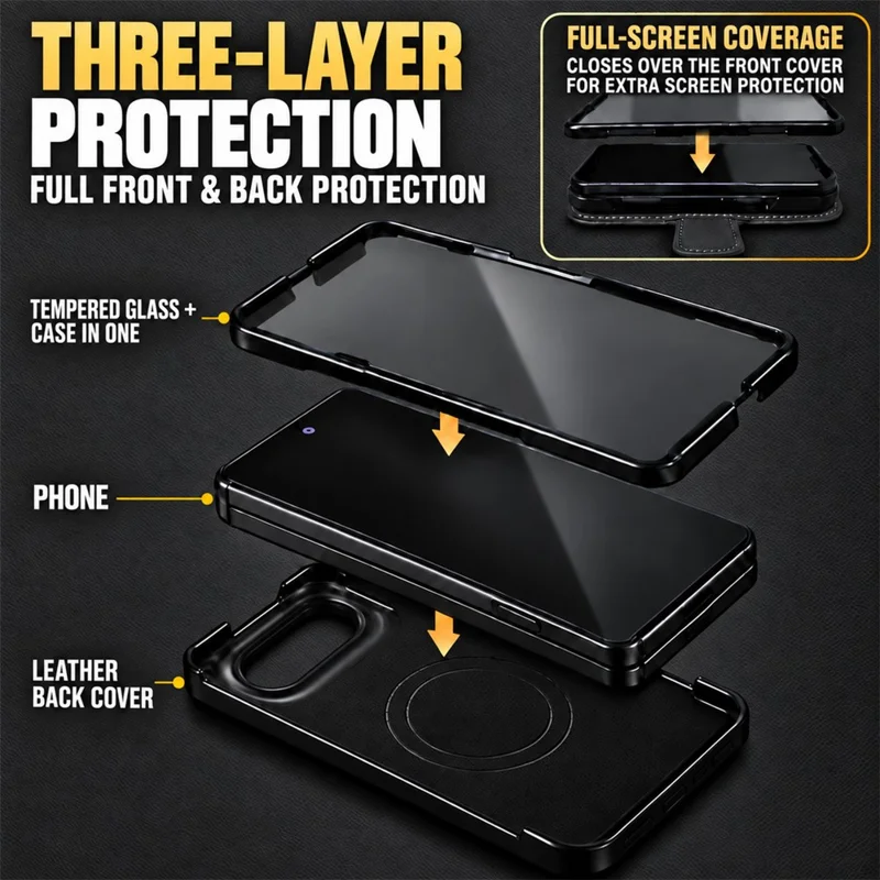 Étui magnétique Duo pour iPhone, étui détachable en cuir fendu pliable avec protecteur d'écran en verre trempé - Noir