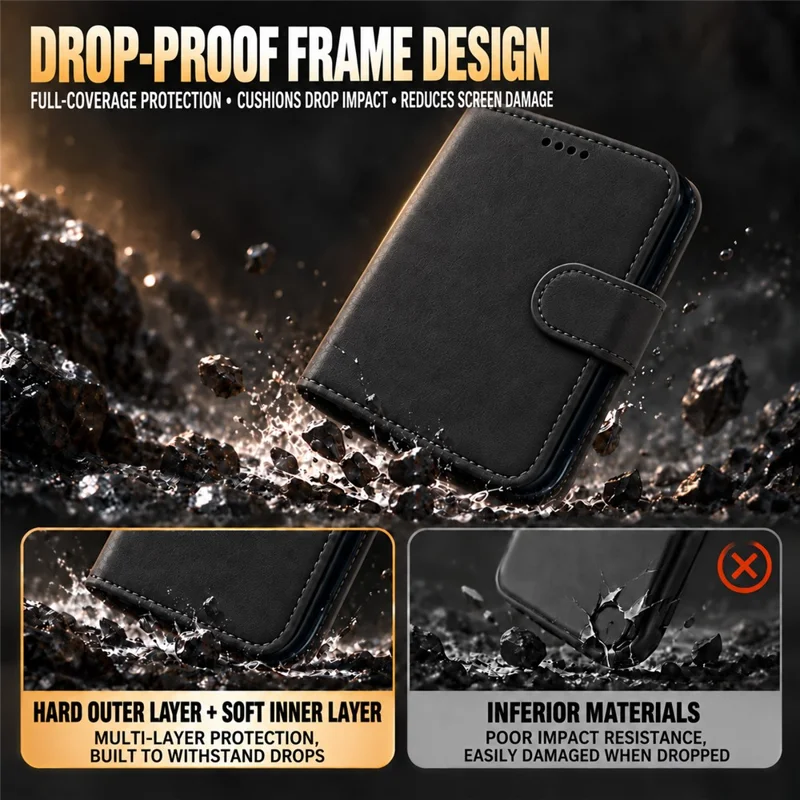 Étui magnétique Duo pour iPhone, étui détachable en cuir fendu pliable avec protecteur d'écran en verre trempé - Noir