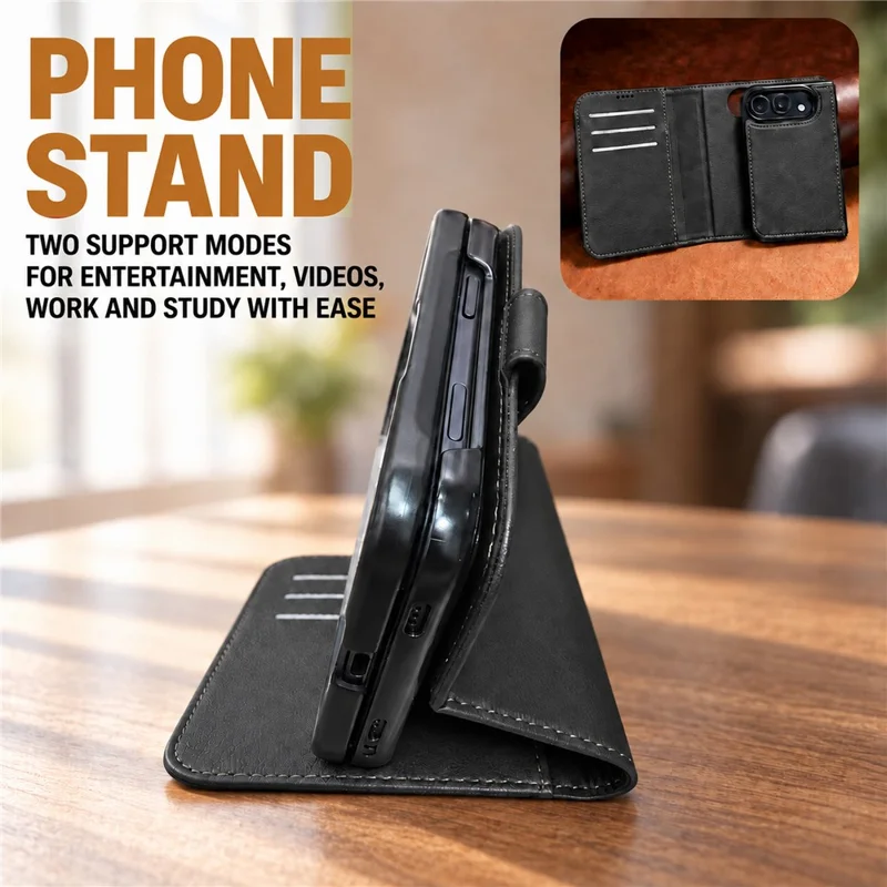 Étui magnétique Duo pour iPhone, étui détachable en cuir fendu pliable avec protecteur d'écran en verre trempé - Noir