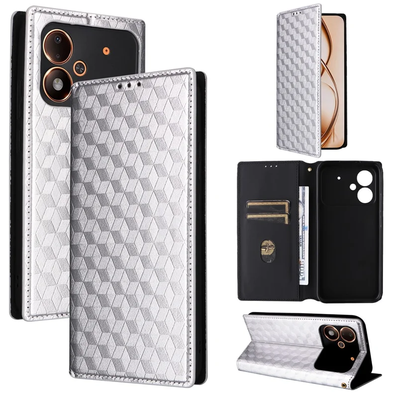 For Xiaomi Poco M8 Power 5G Case Wallet Rhombus Imprinted PU Leather Phone Cover - Silver