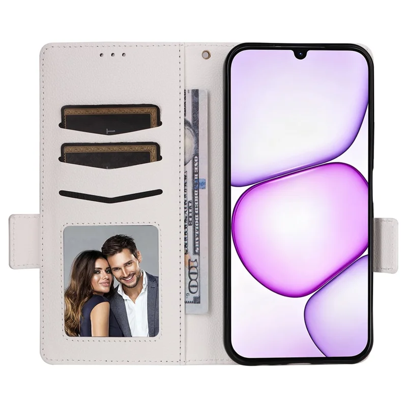 For Realme P4 Lite 4G (166.48mm) Case Litchi Texture Wallet Leather Phone Cover with Wrist Strap - White
