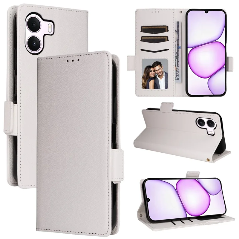 For Realme P4 Lite 4G (166.48mm) Case Litchi Texture Wallet Leather Phone Cover with Wrist Strap - White