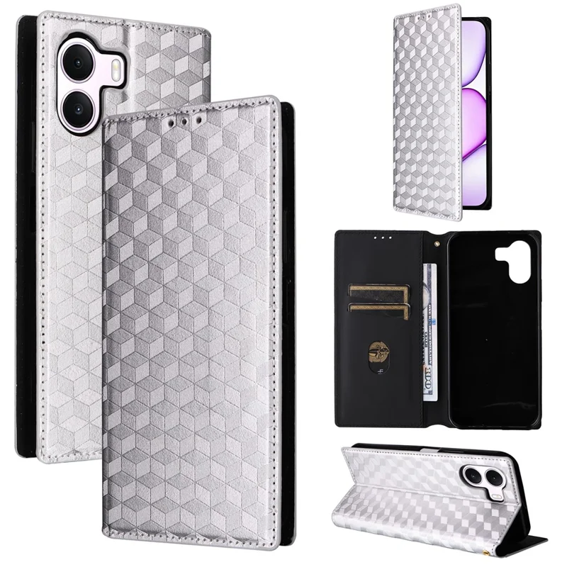For Realme P4 Lite 4G (166.48mm) Case Wallet Rhombus Imprinted PU Leather Phone Cover - Silver