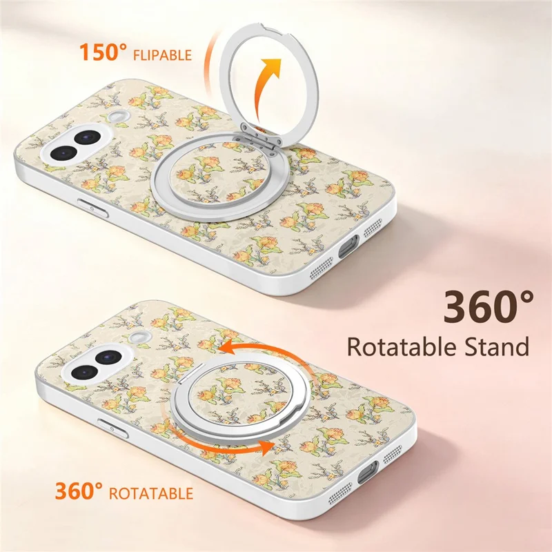 For Google Pixel 10a Case Rotating Kickstand Floral Pattern Leather Coated PC + TPU Anti Drop Phone Cover - Beige