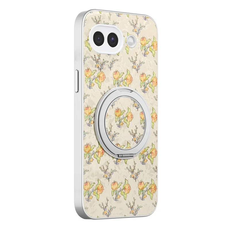 For Google Pixel 10a Case Rotating Kickstand Floral Pattern Leather Coated PC + TPU Anti Drop Phone Cover - Beige