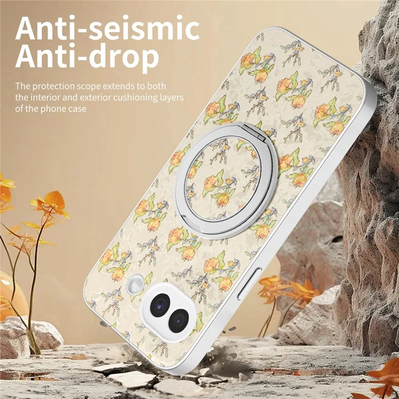 For Google Pixel 10a Case Rotating Kickstand Floral Pattern Leather Coated PC + TPU Anti Drop Phone Cover - Beige