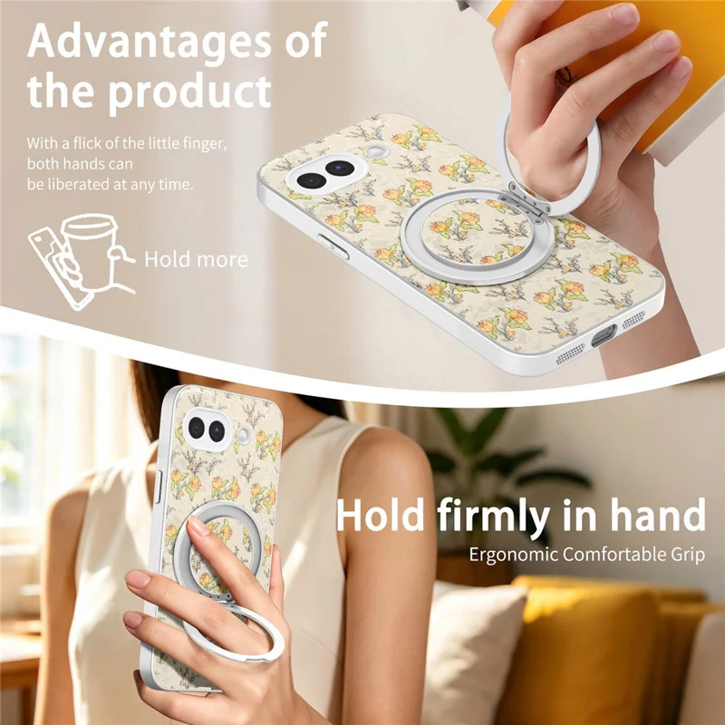 For Google Pixel 10a Case Rotating Kickstand Floral Pattern Leather Coated PC + TPU Anti Drop Phone Cover - Beige