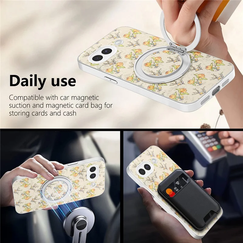 For Google Pixel 10a Case Rotating Kickstand Floral Pattern Leather Coated PC + TPU Anti Drop Phone Cover - Beige
