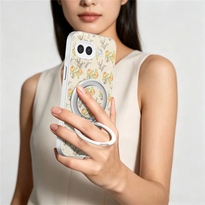 For Google Pixel 10a Case Rotating Kickstand Floral Pattern Leather Coated PC + TPU Anti Drop Phone Cover - Beige