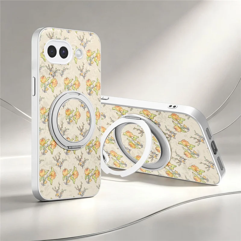 For Google Pixel 10a Case Rotating Kickstand Floral Pattern Leather Coated PC + TPU Anti Drop Phone Cover - Beige