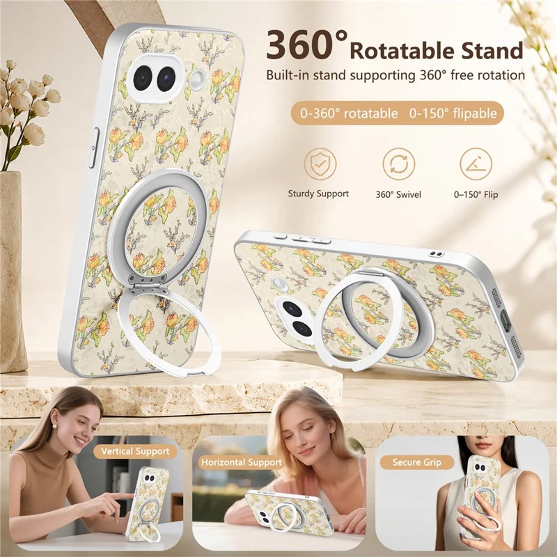 For Google Pixel 10a Case Rotating Kickstand Floral Pattern Leather Coated PC + TPU Anti Drop Phone Cover - Beige