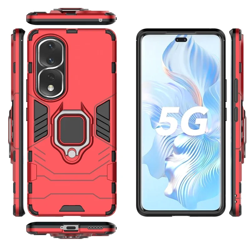 Ring Holder Kickstand Phone Case for Honor 80 Pro 5G, Hard PC + Soft TPU Shockproof Protective Cover - Red