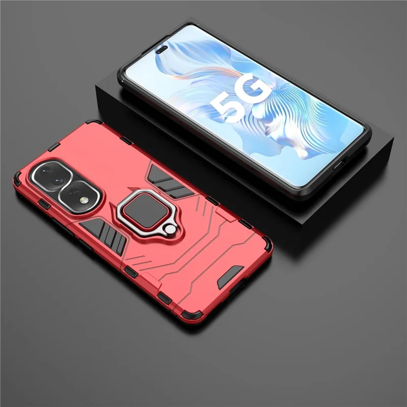 Ring Holder Kickstand Phone Case for Honor 80 Pro 5G, Hard PC + Soft TPU Shockproof Protective Cover - Red