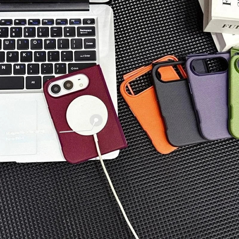 For iPhone Duo Magnetic Case Tech Fabric Texture PU Leather + PC Slim Phone Cover - Cherry Red