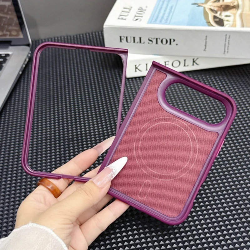 For iPhone Duo Magnetic Case Tech Fabric Texture PU Leather + PC Slim Phone Cover - Cherry Red