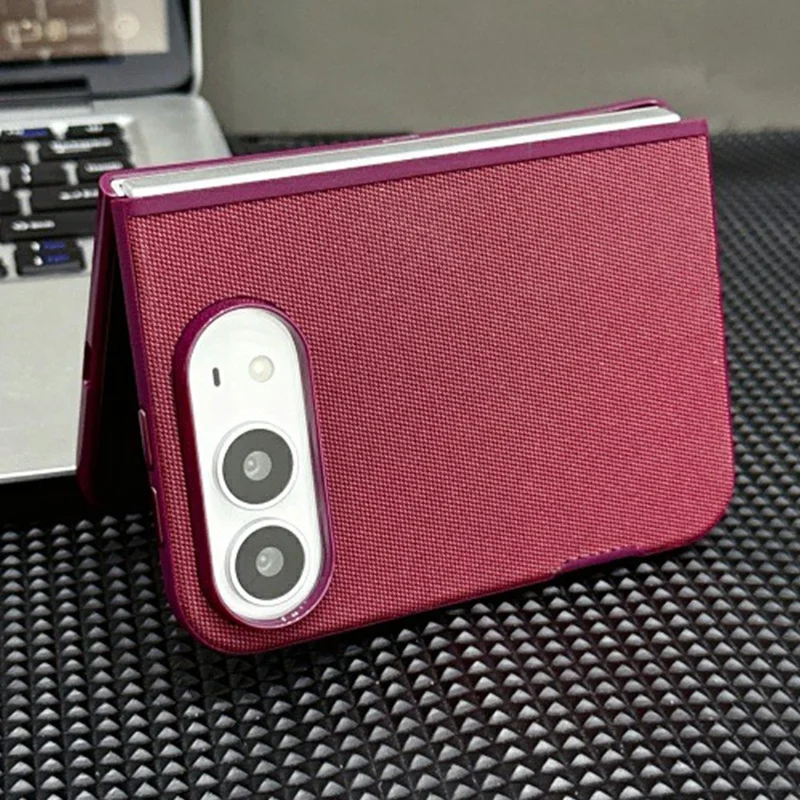 For iPhone Duo Magnetic Case Tech Fabric Texture PU Leather + PC Slim Phone Cover - Cherry Red