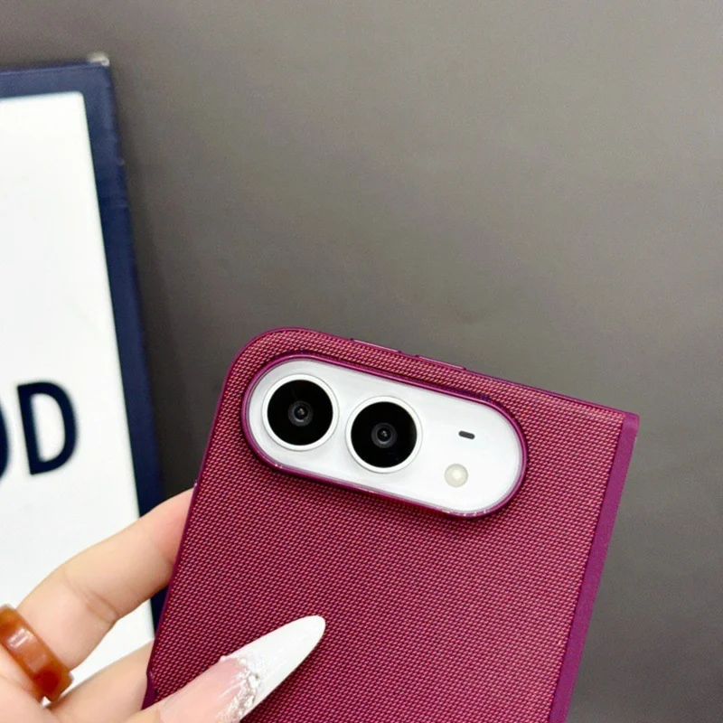 For iPhone Duo Magnetic Case Tech Fabric Texture PU Leather + PC Slim Phone Cover - Cherry Red