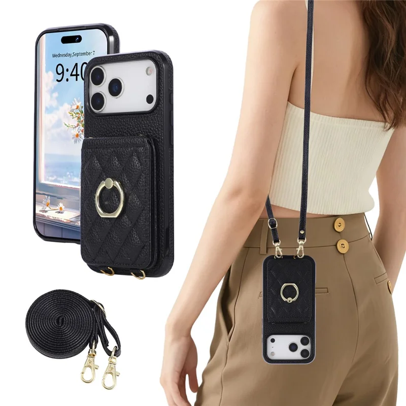 For iPhone 18 Pro Max / 17 Pro Max Case Vertical Flip PU Leather TPU PC Phone Cover with Ring Holder and Shoulder Strap - Black