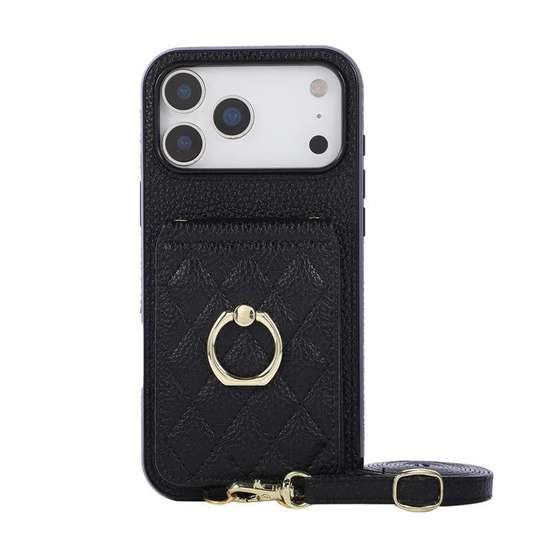 For iPhone 18 Pro Max / 17 Pro Max Case Vertical Flip PU Leather TPU PC Phone Cover with Ring Holder and Shoulder Strap - Black