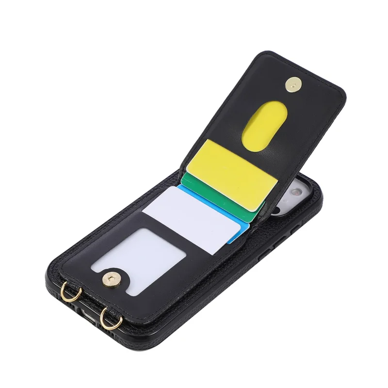 For iPhone 18 Pro Max / 17 Pro Max Case Vertical Flip PU Leather TPU PC Phone Cover with Ring Holder and Shoulder Strap - Black