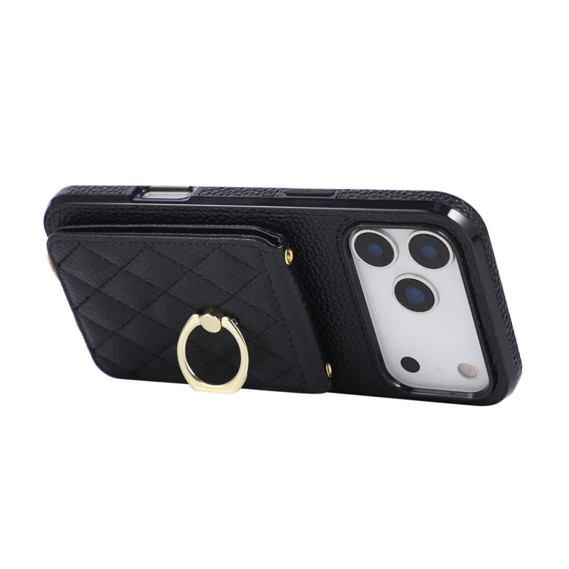 For iPhone 18 Pro Max / 17 Pro Max Case Vertical Flip PU Leather TPU PC Phone Cover with Ring Holder and Shoulder Strap - Black