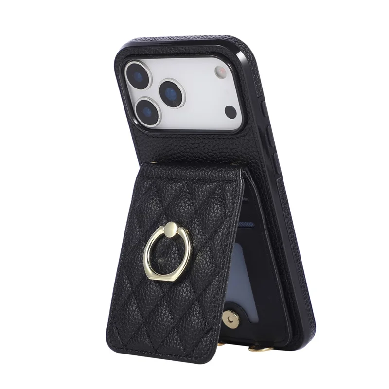 For iPhone 18 Pro Max / 17 Pro Max Case Vertical Flip PU Leather TPU PC Phone Cover with Ring Holder and Shoulder Strap - Black