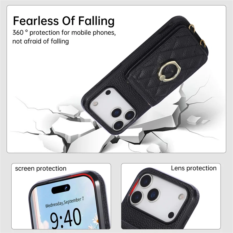 For iPhone 18 Pro Max / 17 Pro Max Case Vertical Flip PU Leather TPU PC Phone Cover with Ring Holder and Shoulder Strap - Black