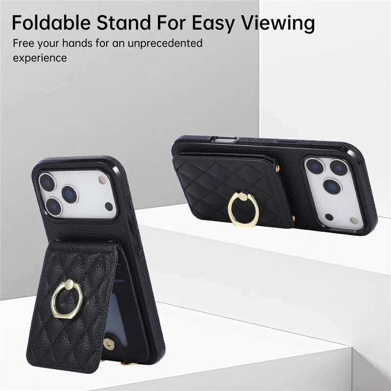 For iPhone 18 Pro Max / 17 Pro Max Case Vertical Flip PU Leather TPU PC Phone Cover with Ring Holder and Shoulder Strap - Black