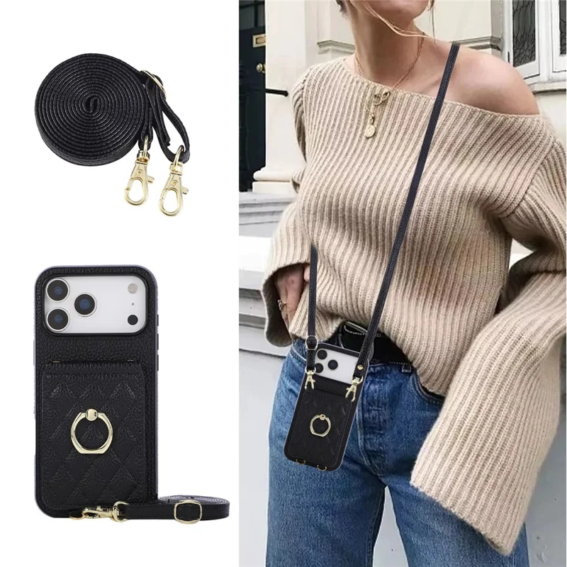 For iPhone 18 Pro Max / 17 Pro Max Case Vertical Flip PU Leather TPU PC Phone Cover with Ring Holder and Shoulder Strap - Black
