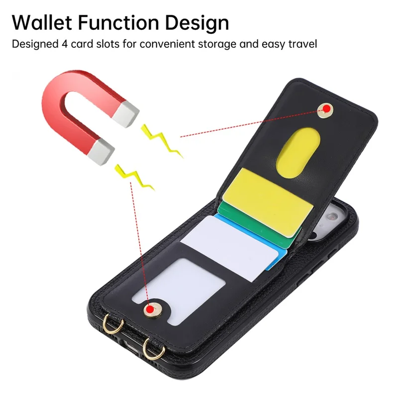 For iPhone 18 Pro Max / 17 Pro Max Case Vertical Flip PU Leather TPU PC Phone Cover with Ring Holder and Shoulder Strap - Black