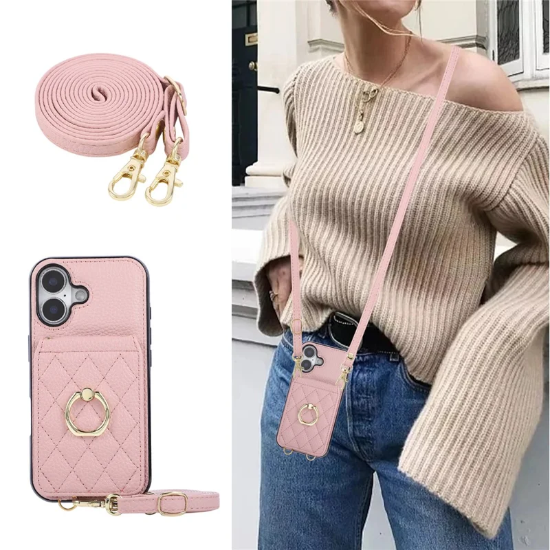 For iPhone 17 Case Vertical Flip PU Leather TPU PC Phone Cover with Ring Holder and Shoulder Strap - Pink