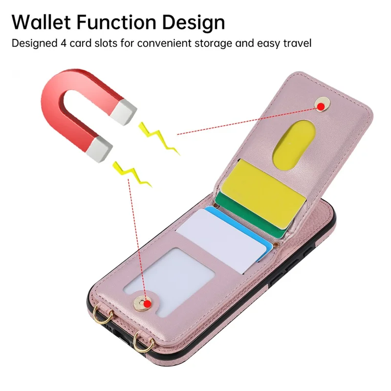 For iPhone 17 Case Vertical Flip PU Leather TPU PC Phone Cover with Ring Holder and Shoulder Strap - Pink