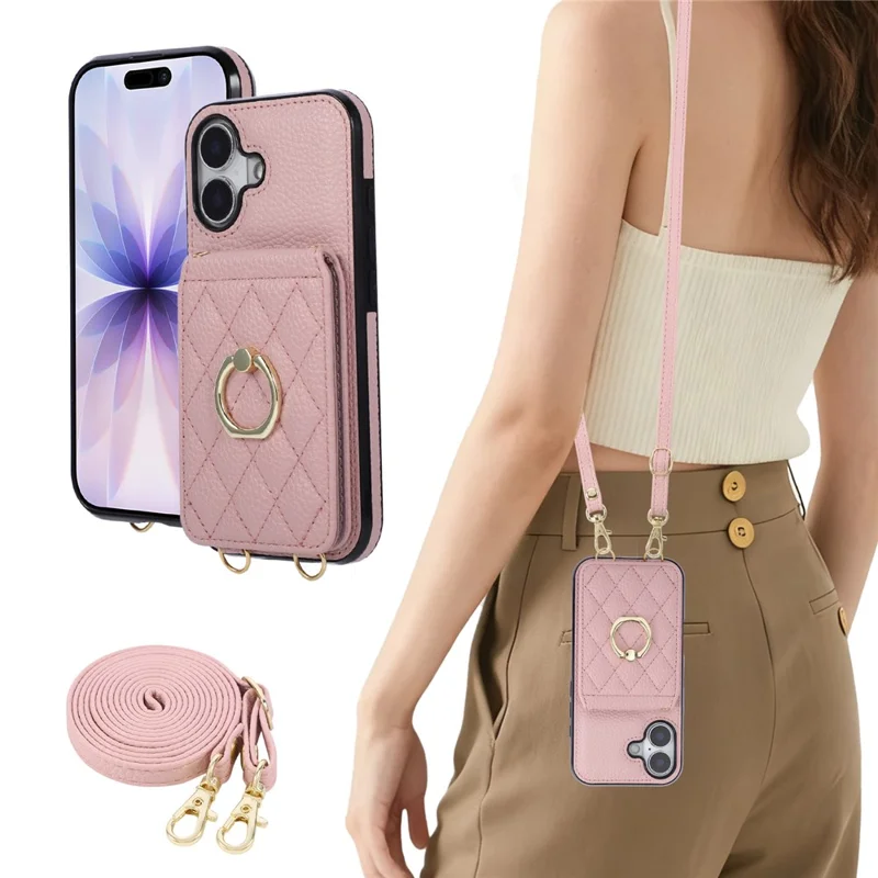 For iPhone 17 Case Vertical Flip PU Leather TPU PC Phone Cover with Ring Holder and Shoulder Strap - Pink