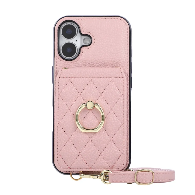 For iPhone 17 Case Vertical Flip PU Leather TPU PC Phone Cover with Ring Holder and Shoulder Strap - Pink