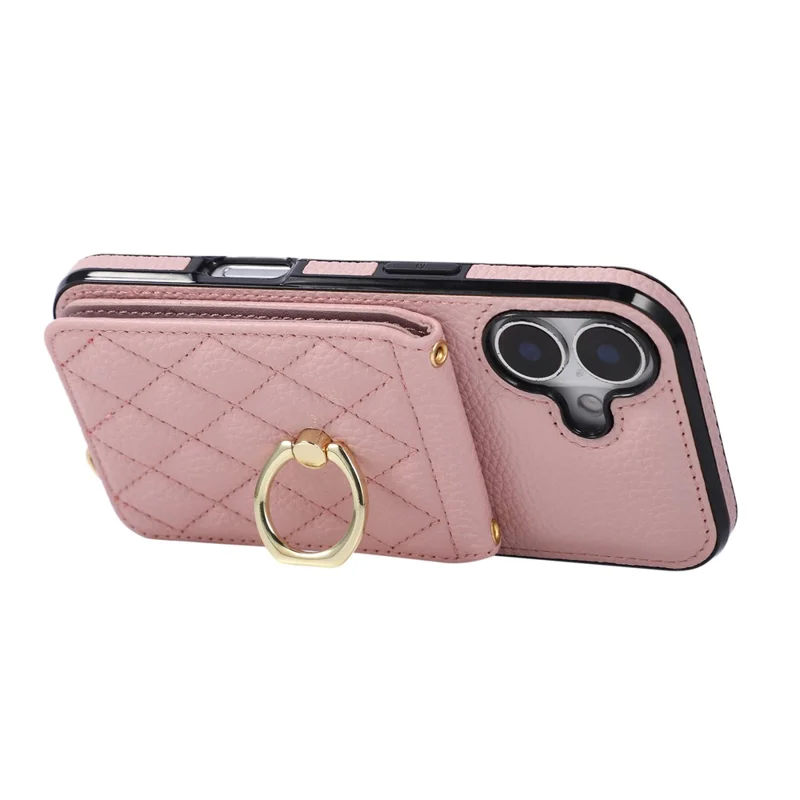 For iPhone 17 Case Vertical Flip PU Leather TPU PC Phone Cover with Ring Holder and Shoulder Strap - Pink