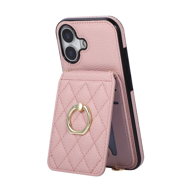 For iPhone 17 Case Vertical Flip PU Leather TPU PC Phone Cover with Ring Holder and Shoulder Strap - Pink