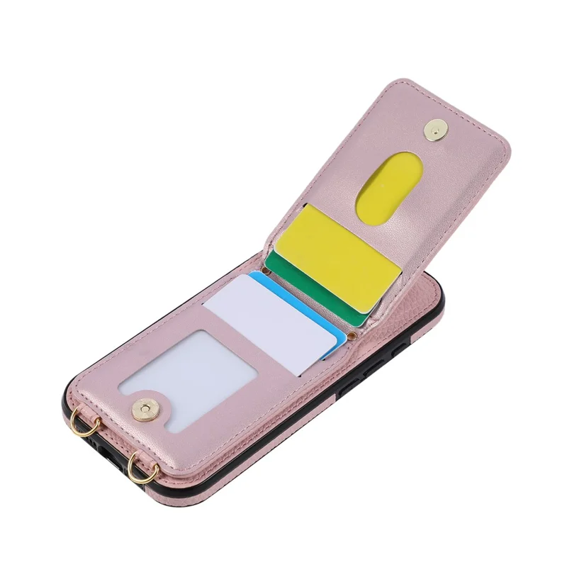 For iPhone 17 Case Vertical Flip PU Leather TPU PC Phone Cover with Ring Holder and Shoulder Strap - Pink