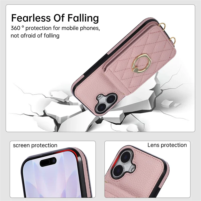 For iPhone 17 Case Vertical Flip PU Leather TPU PC Phone Cover with Ring Holder and Shoulder Strap - Pink