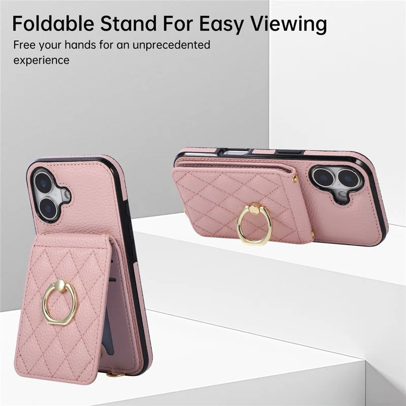 For iPhone 17 Case Vertical Flip PU Leather TPU PC Phone Cover with Ring Holder and Shoulder Strap - Pink